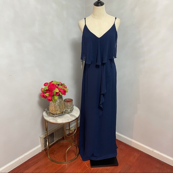 # Laundry Shelli Segal Midnight Pop Over Ruffled Chiffon Maxi Gown Dress Size 2 - Picture 2 of 15